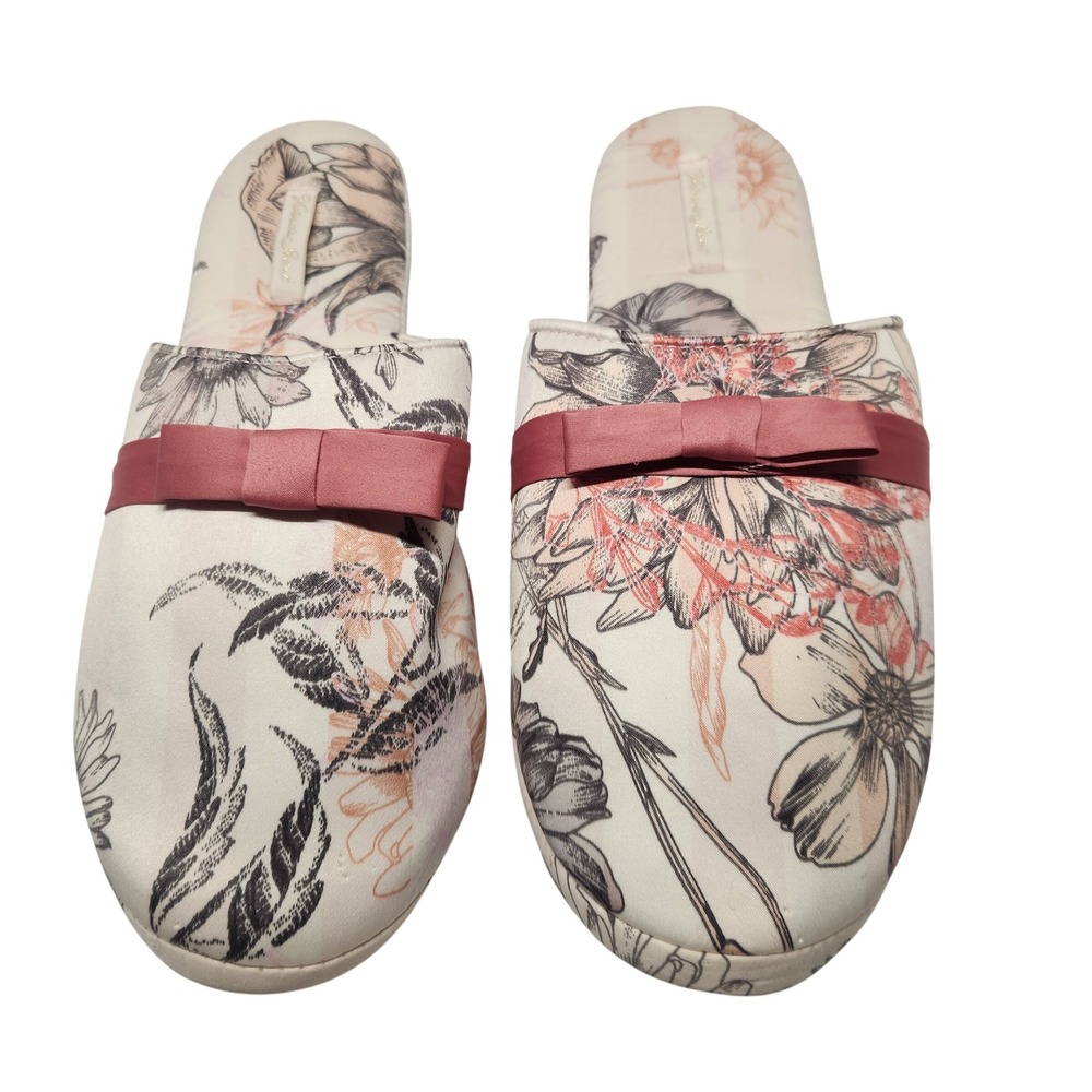 Victorias Secret Womens Floral Satin Bow Slippers Cream Pink Size Large L/G